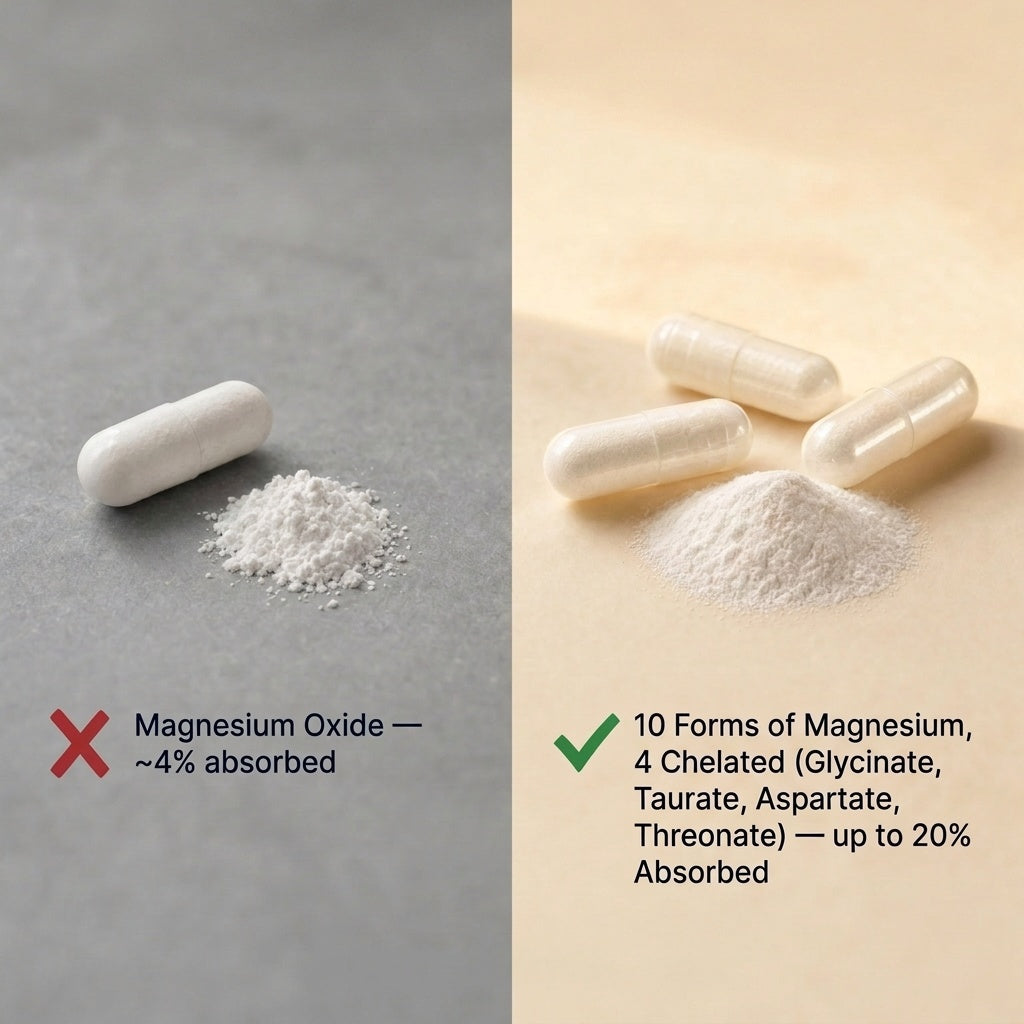 Side-by-side magnesium comparison showing oxide versus a 10-form magnesium blend.