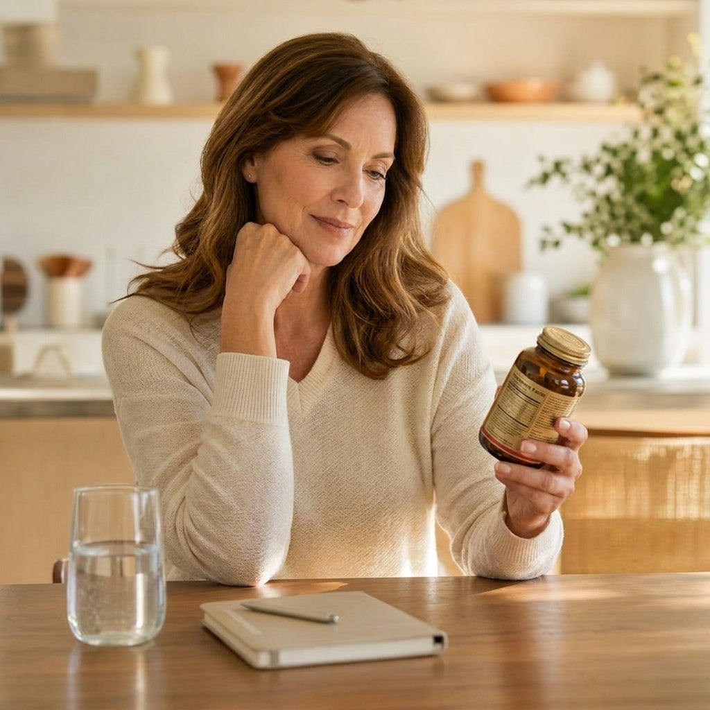 A woman thoughtfully reviewing a supplement bottle as part of her daily wellness routine