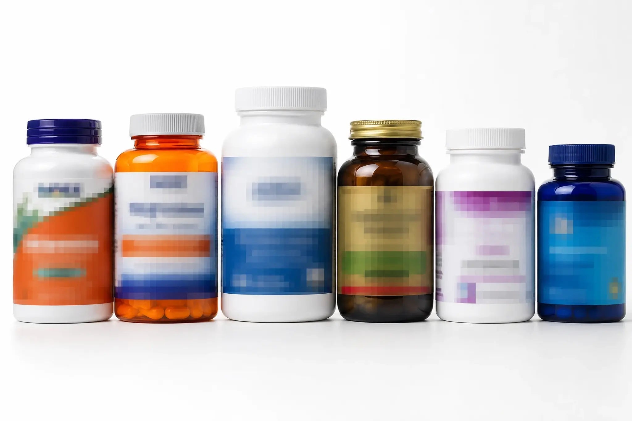 A lineup of blurred supplement bottles
