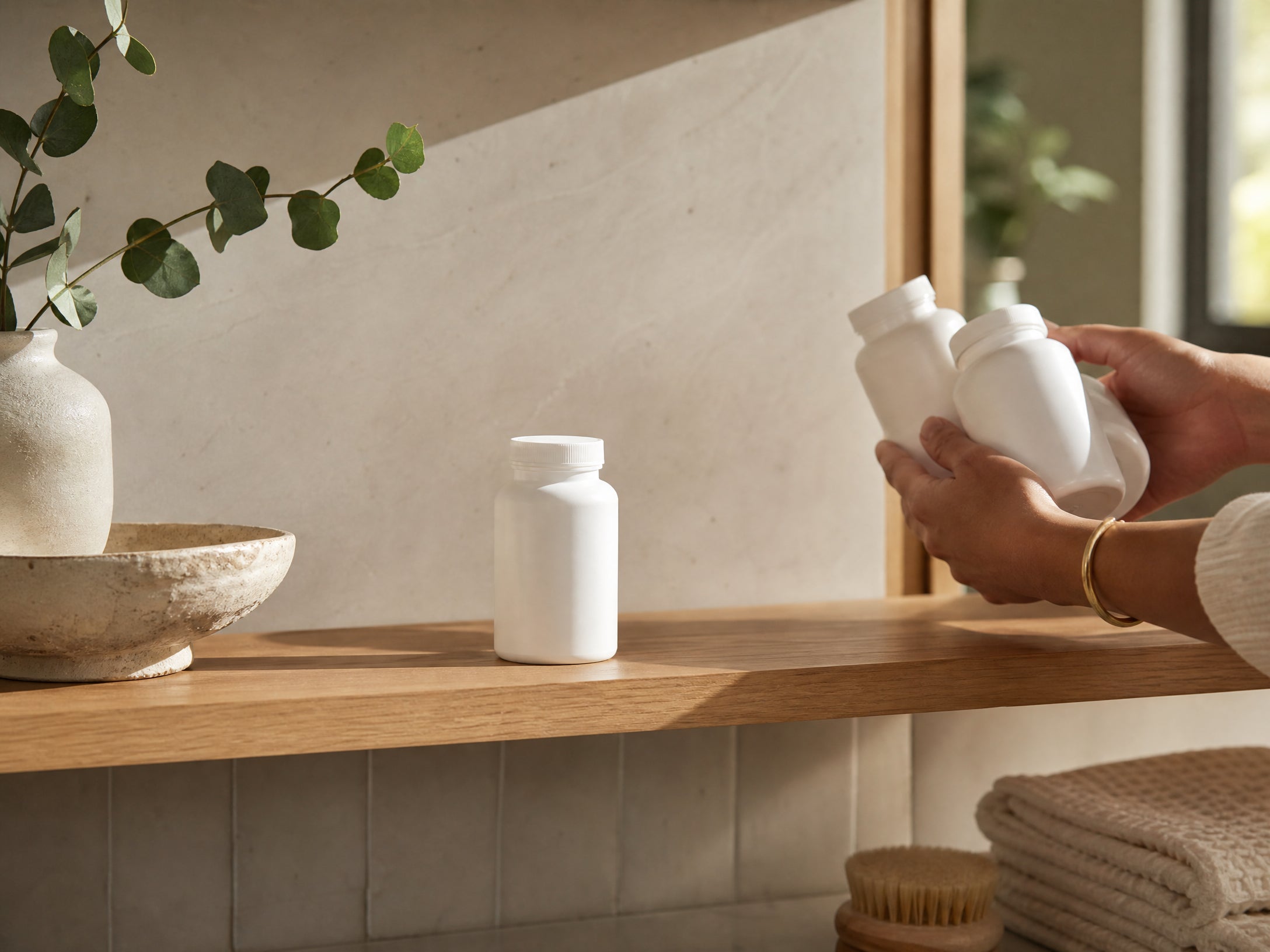 A neat wellness shelf showing the convenience of a simpler daily routine