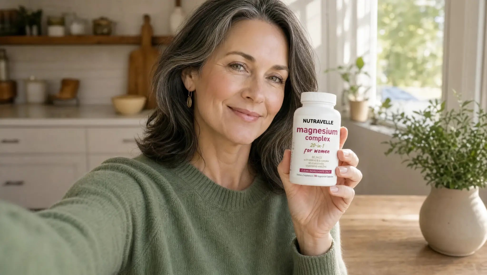 A woman holding a bottle of Nutravelle Magnesium in a sunlit kitchen